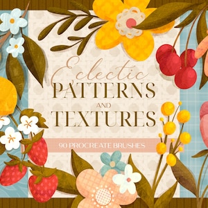 Puede incluir: Gráfico de arte digital con elementos florales, incluyendo limones, fresas y flores, con el texto "Eclectic PATTERNS and TEXTURES" y "90 PROCREATE BRUSHES". La paleta de colores incluye amarillo, rojo, rosa y verde.