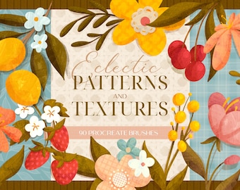 Pode incluir: Gráfico de arte digital com elementos florais, incluindo limões, morangos e flores, com o texto "Eclectic PATTERNS and TEXTURES" e "90 PROCREATE BRUSHES". A paleta de cores inclui amarelo, vermelho, rosa e verde.