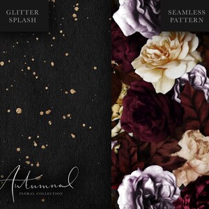 May include: A seamless pattern featuring a floral design with burgundy, cream, and purple roses on a black background. The text "Seamless Pattern" is in the top right corner of the image. The text "Glitter Splash" is in the top left corner of the image. The text "Autumnal Floral Collection" is in the bottom left corner of the image.