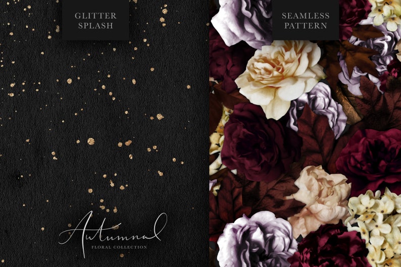 May include: A seamless pattern featuring a floral design with burgundy, cream, and purple roses on a black background. The text "Seamless Pattern" is in the top right corner of the image. The text "Glitter Splash" is in the top left corner of the image. The text "Autumnal Floral Collection" is in the bottom left corner of the image.