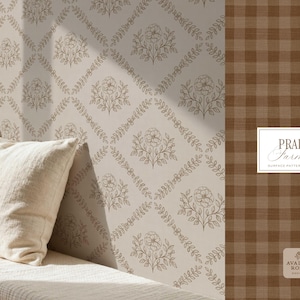 Prairie Farmhouse Surface Pattern Collection featuring brown and beige hand drawn floral surface patterns on wallpaper