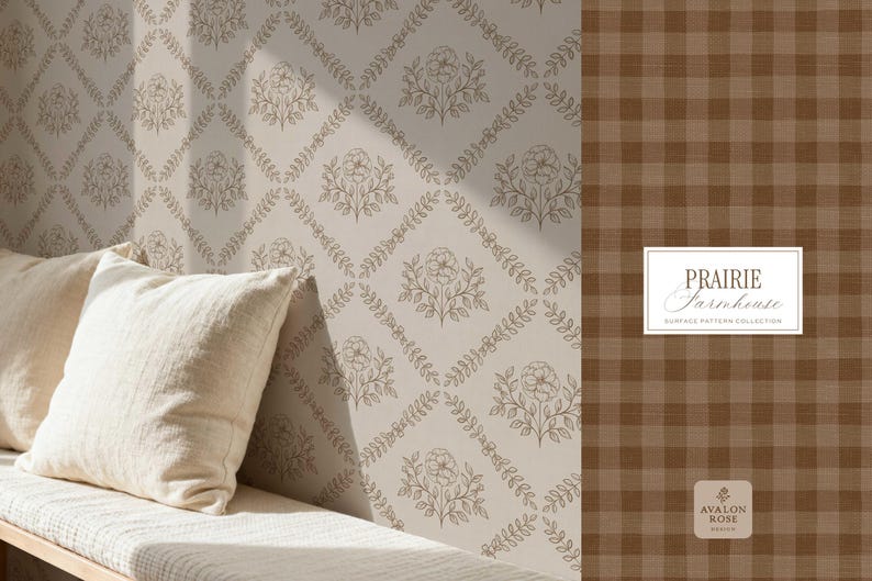 Prairie Farmhouse Surface Pattern Collection featuring brown and beige hand drawn floral surface patterns on wallpaper