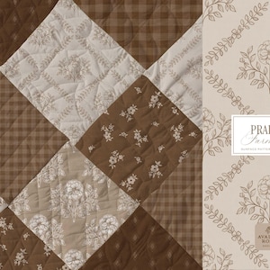Prairie Farmhouse Surface Pattern Collection featuring brown and beige hand drawn floral surface patterns on a quilt