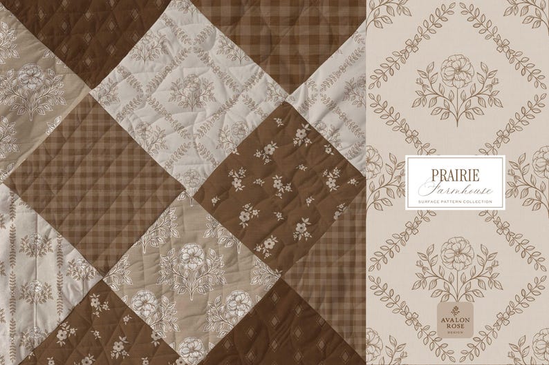 Prairie Farmhouse Surface Pattern Collection featuring brown and beige hand drawn floral surface patterns on a quilt