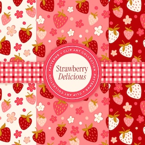 May include: A collection of strawberry-themed patterns in various shades of red and pink. The designs include strawberries, flowers, and a gingham ribbon. The text "Strawberry Delicious" is in a circular frame.