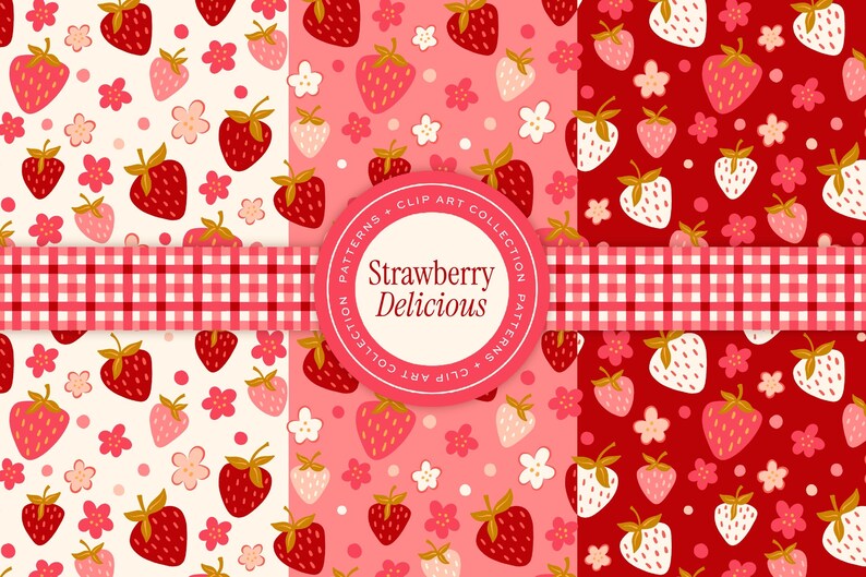 May include: A collection of strawberry-themed patterns in various shades of red and pink. The designs include strawberries, flowers, and a gingham ribbon. The text "Strawberry Delicious" is in a circular frame.