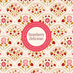 May include: A repeating pattern featuring strawberries and flowers in a fan-like design. The design is in shades of red, pink, and gold on a cream background. The words "Strawberry Delicious" are in a pink circle.