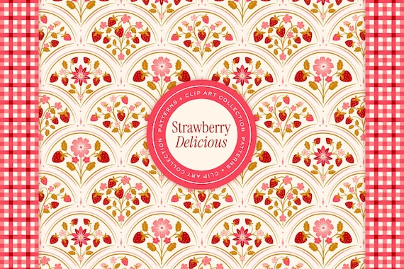 Hand Drawn Strawberry Floral Seamless Surface Patterns & Clip Art Collection