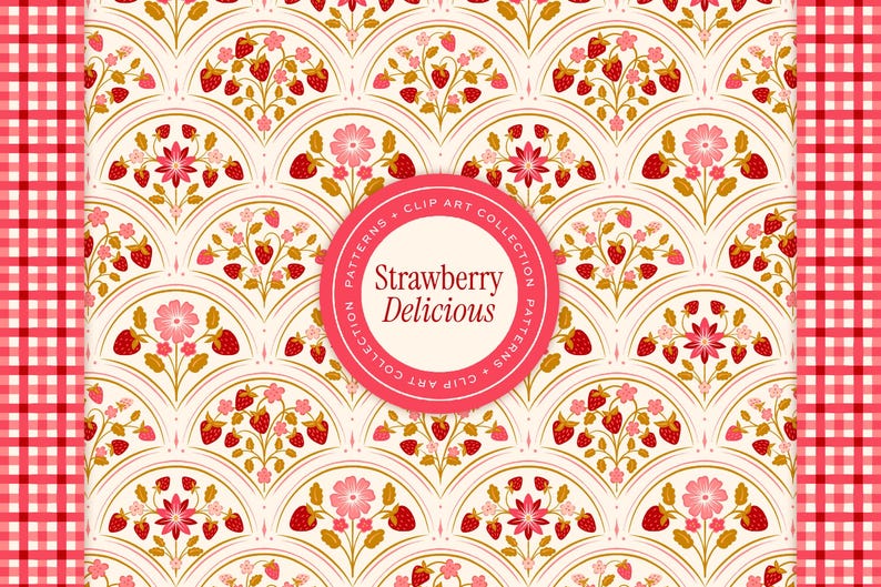 May include: A repeating pattern featuring strawberries and flowers in a fan-like design. The design is in shades of red, pink, and gold on a cream background. The words "Strawberry Delicious" are in a pink circle.