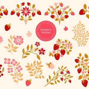 May include: A collection of floral and strawberry illustrations in shades of red, pink, and gold on a cream background. The designs include strawberry clusters, flowers, and leafy branches. A circular label reads "Strawberry Delicious".