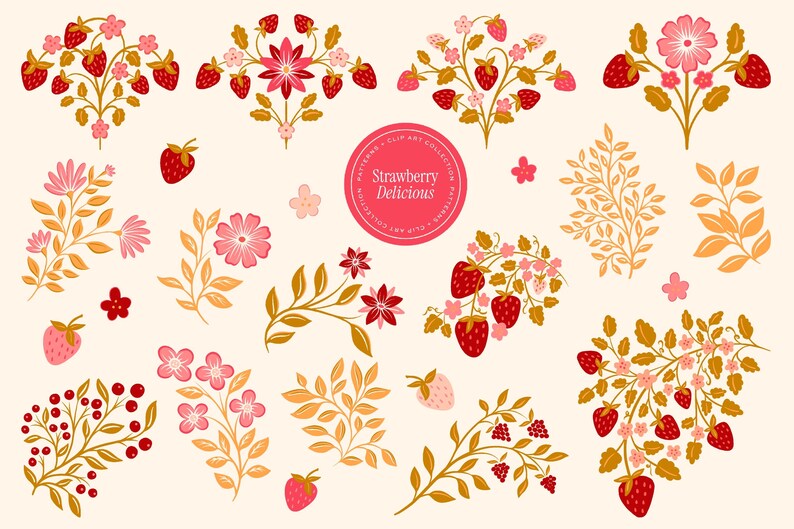 May include: A collection of floral and strawberry illustrations in shades of red, pink, and gold on a cream background. The designs include strawberry clusters, flowers, and leafy branches. A circular label reads "Strawberry Delicious".