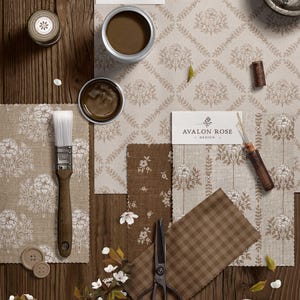 Prairie Farmhouse Surface Pattern Collection featuring brown and beige hand drawn floral surface patterns on fabric and wallpaper