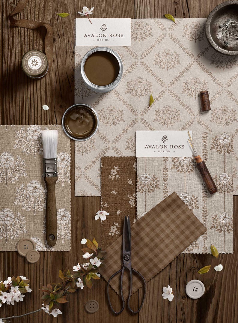 Prairie Farmhouse Surface Pattern Collection featuring brown and beige hand drawn floral surface patterns on fabric and wallpaper