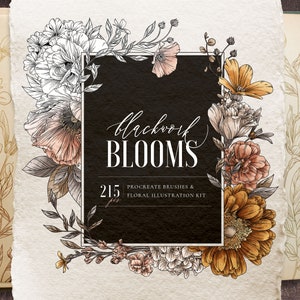 May include: A digital illustration kit featuring 215 Procreate brushes and floral illustrations. The kit is called "Blackwork Blooms" and features a variety of flowers in black and white, as well as some in shades of pink, orange, and yellow.