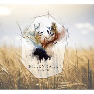 May include: A watercolor illustration of a deer head with antlers, surrounded by leaves, in a geometric frame. The text "ELLENDALE RANCH" is below the image. The background is a field of wheat.