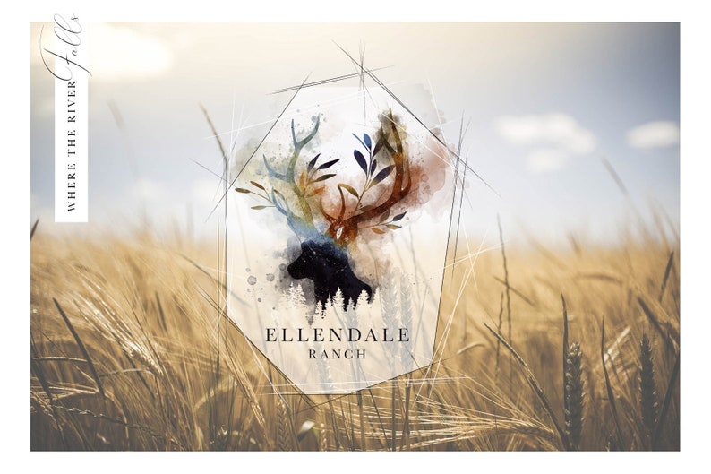 May include: A watercolor illustration of a deer head with antlers, surrounded by leaves, in a geometric frame. The text "ELLENDALE RANCH" is below the image. The background is a field of wheat.