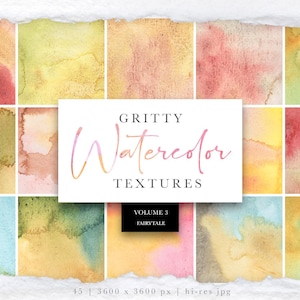 Puede incluir: Una colección de 16 texturas de acuarela en varios colores, incluyendo tonos de verde, amarillo, rosa y azul. La imagen presenta un rectángulo blanco con el texto "GRITTY Watercolor TEXTURES" y "VOLUME 3 FAIRYTALE".