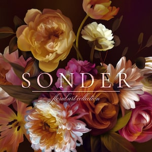 Könnte beinhalten: Eine Blumenkunst-Kollektion namens "Sonder" mit einem Strauß verschiedener Blumen in den Farben Rosa, Gelb, Weiß und Orange vor einem dunkelbraunen Hintergrund.