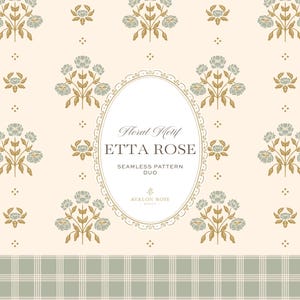May include: A seamless pattern design featuring a repeating floral motif with sage green flowers and gold stems on a cream background. An oval frame in the center contains the text Floral Motif ETTA ROSE SEAMLESS PATTERN DUO AVALON ROSE.