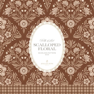 May include: A brown and beige seamless pattern featuring a repeating floral motif with scalloped edges. A central white oval frame contains the text Folk Art SCALLOPED FLORAL SEAMLESS PATTERN DUO AVALON ROSE. A plaid border runs along the bottom edge.