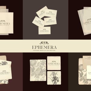 Peut inclure: Divers maquettes d'éphémères vintage, comprenant du papier vieilli, des cartes et des enveloppes. Les articles présentent le logo "Ephemera Vintage Mockup Collection". Certaines cartes ont des illustrations florales, et la palette de couleurs est neutre avec des tons sépia.