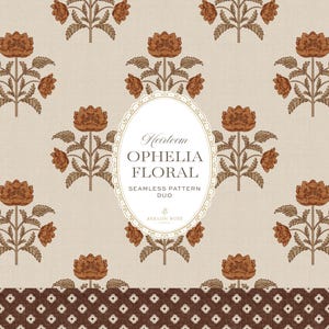 May include: A seamless pattern featuring a repeating motif of brown floral sprigs on a light beige background. An oval label in the centre displays the text Heirloom OPHELIA FLORAL SEAMLESS PATTERN DUO AVALON ROSE. A dark brown border with a white dot pattern.