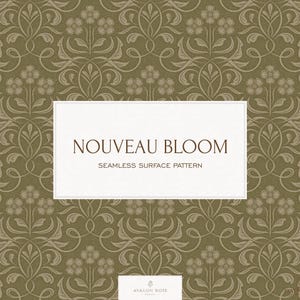 Op de afbeelding: Een naadloos oppervlaktepatroon in olijfgroen met een herhalend bloemmotief. Het patroon bevat gestileerde bloemen en bladeren in een lichtere groentint. De tekst "NOUVEAU BLOOM SEAMLESS SURFACE PATTERN" staat op een witte rechthoek.