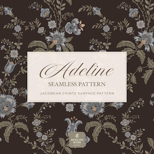 May include: A seamless pattern featuring a dark brown background with a floral design in shades of blue, gray, and green. The pattern includes the text "Adeline Seamless Pattern" and "Jacobian Chintz Surface Pattern".