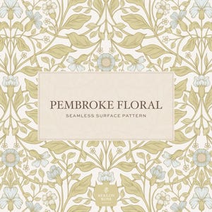 May include: A seamless floral pattern with a cream background and a repeating design of stylized flowers and leaves in muted green and blue tones. The text "PEMBROKE FLORAL SEAMLESS SURFACE PATTERN" is displayed in a rectangular frame.