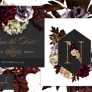 May include: Save the Date wedding invitation with a black background and gold lettering. The invitation features a floral design with burgundy, purple, and white flowers. The text reads "Save the Date for our Ceremony, Nathan and Bridget, November 16, 2019".
