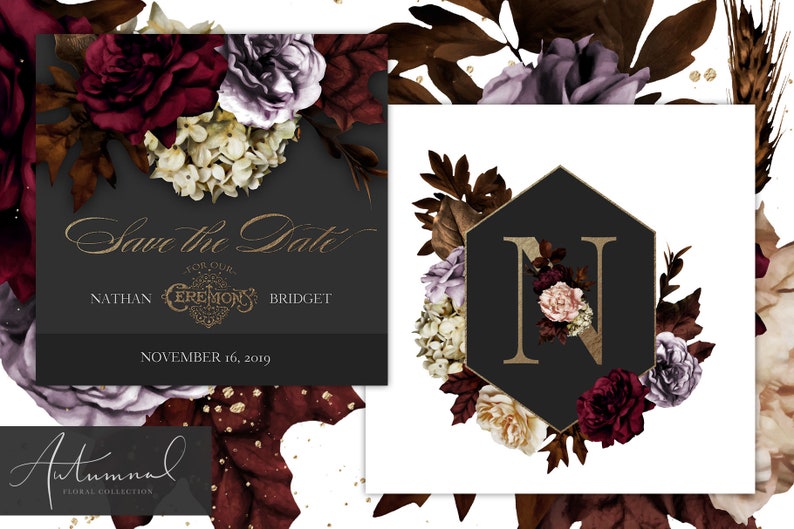 May include: Save the Date wedding invitation with a black background and gold lettering. The invitation features a floral design with burgundy, purple, and white flowers. The text reads "Save the Date for our Ceremony, Nathan and Bridget, November 16, 2019".
