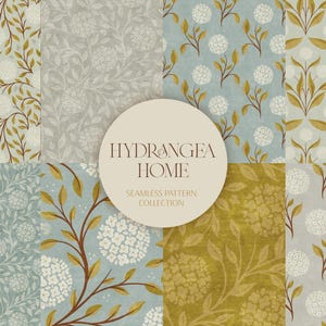 Peut inclure: Une collection de motifs floraux sans couture. Les motifs présentent des fleurs d'hortensia blanches, des tiges marron et des feuilles jaune doré sur divers fonds, dont le bleu clair, le gris et le vert olive. Le texte "HYDRANGEA HOME" est affiché sur une étiquette circulaire.