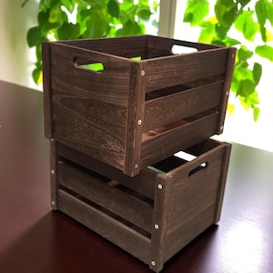Wooden Crates 2 Pack, Rustic Handmade Wood Crate with Handles, Durable Medium Wooden Crates for Display
