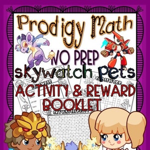 May include: A printable activity and reward booklet for Prodigy Math featuring Skywatch Pets. The booklet includes a word search, crossword puzzle, and coloring pages. The cover features a colorful illustration of a dragon, a robot, and two children.