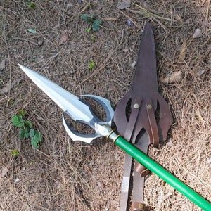 34.7 Inch Unique Hand-Forged carbon steel Fantasy Spear with Leather Sheath Engraved Survival Camping, Collectible Medieval Historical sword