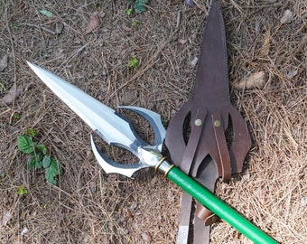 Hand-Forged Carbon Steel Fantasy Spear: Engraved Medieval Sword with Leather Sheath