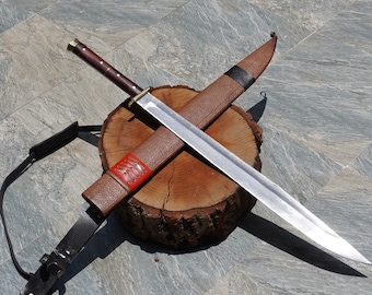 Handmade Carbon Steel Sword: 34" Historical Collectible with Leather Sheath