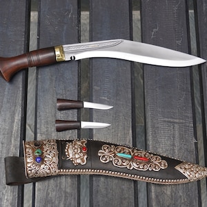 15.5&quot; Hand-Forged Nepalese Kukri with Ornate Sheath, Gurkha Kukri, Engraved Knife, Bushcraft Kukri Knife, Traditional Gurkha Kukri Knife Set