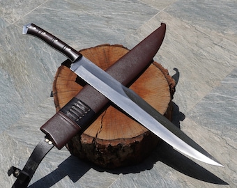Handmade Carbon Steel Viking Machete, Rosewood Handle, Leather Sheath