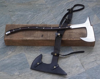Hand-Forged Carbon Steel Viking Axe: 30" Bushcraft Hatchet with Leather Sheath