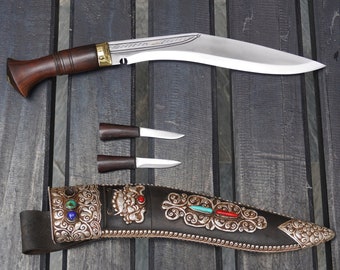 Hand-Forged Nepalese Gurkha Kukri Knife with Ornate Sterling Silver Sheath