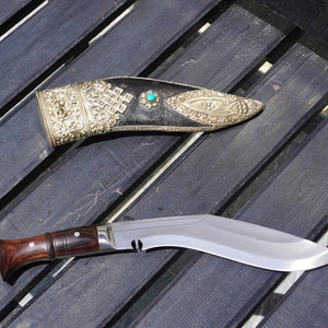 Handmade Carbon Steel Gurkha Kukri: Ornate Sterling Silver Sheath, 16-inch Camping Knife