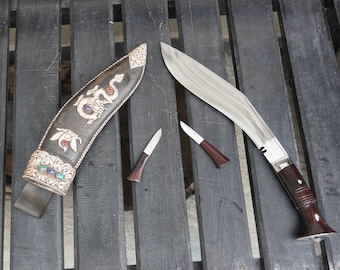 Hand-Forged Carbon Steel Gurkha Kukri Knife: Ornate Sterling Silver Sheath