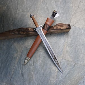 26.5&quot; Engraved Hand Forged carbon steel double edge   Machete with Leather Sheath, Bowie Machete, Sword, Machete, Engraved knife, Ceremonial