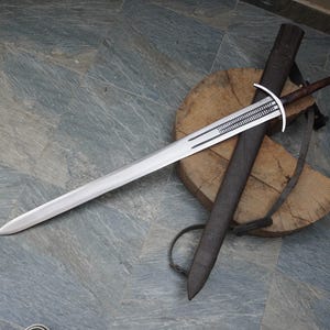 Engraved 46.6" hand forged Personalized Double Edged Sword with Leather Sheath,  Sword Sharp Blade, Beautifully Designed Anniversary Gift