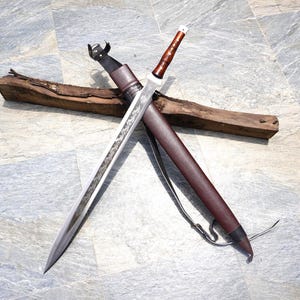 33.5&quot; hand forged Personalized Handmade Double Edged with Leather Sheath, Historical Sword, Sharp Blade, Engraved Sword, Anniversary Gift
