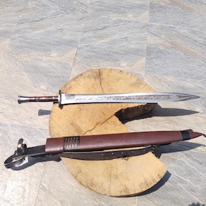 31.5" hand forged Carbon Steel Double Edged with Leather Sheath, Historical Sharp Blade, Beautifully Engraved Sword, Unique Anniversary Gift