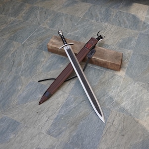 43 inches hand forged Long Handmade Viking Sword with Leather Sheath, Double-Edged Historical, Medieval Viking gift, Damascus Functional