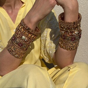 Kundan Polki Pearl Bangle Pair, Meenakari Indian Bridal Jewelry, Gold Tone Wedding Kada Bangles, Ethnic Statement Bangles