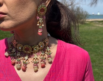 Kundan Necklace Set with Earrings | Raw Stone Jewelry | Pink Green Bridal Choker | Indian Statement Jewelry